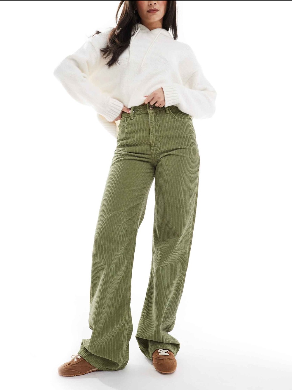 ASOS Design cord turn up Jeans in Olive Green